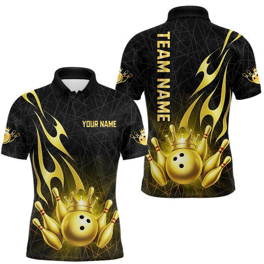 Maxcorners Black and Gold Flame Bowling Shirts For Men Custom Bowling Team League Jersey, Gift For Bowler LM1903