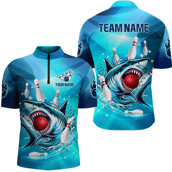 Maxcorners Blue Shark Bowling Jersey Customized Name, Team Name 3D Shirt