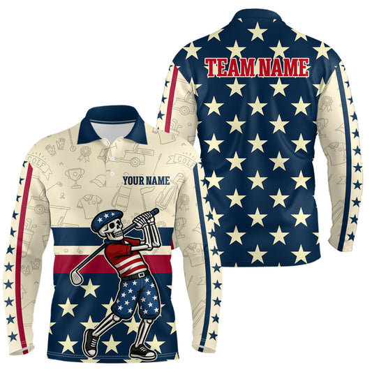 Maxcorners Funny Skull golfer vintage American Flag Custom patriotic golf polo shirts for men, golfing gifts