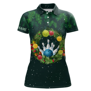 Maxcorners Green Christmas Wreath Women Bowling Polo Shirt Custom Green Pattern Christmas Bowling Tops