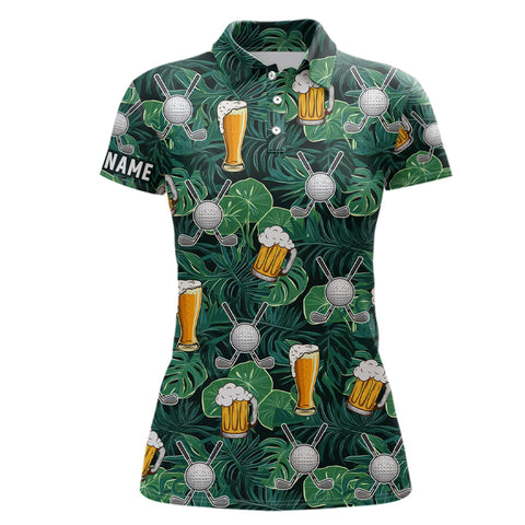 Maxcorners Green Tropical Leaves Golf Beer Pattern Custom Women Golf Polo Shirt