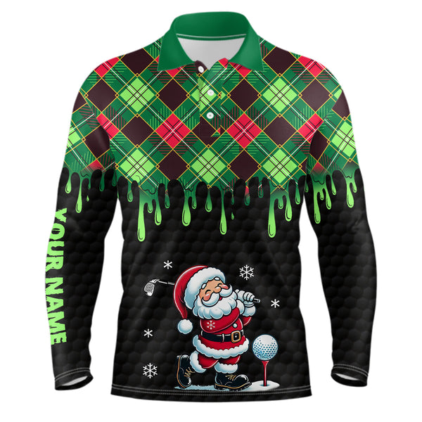 Maxcorners Green argyle Christmas pattern Santa Golfer Mens golf polo shirts custom golf attire for men