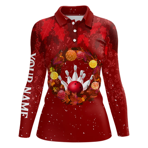 Maxcorners Red Christmas Wreath Women's Bowling Polo, Quarter-Zip Shirt Custom Christmas bowling tops for Team