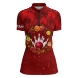 Maxcorners Red Christmas Wreath Women's Bowling Polo, Quarter-Zip Shirt Custom Christmas bowling tops for Team