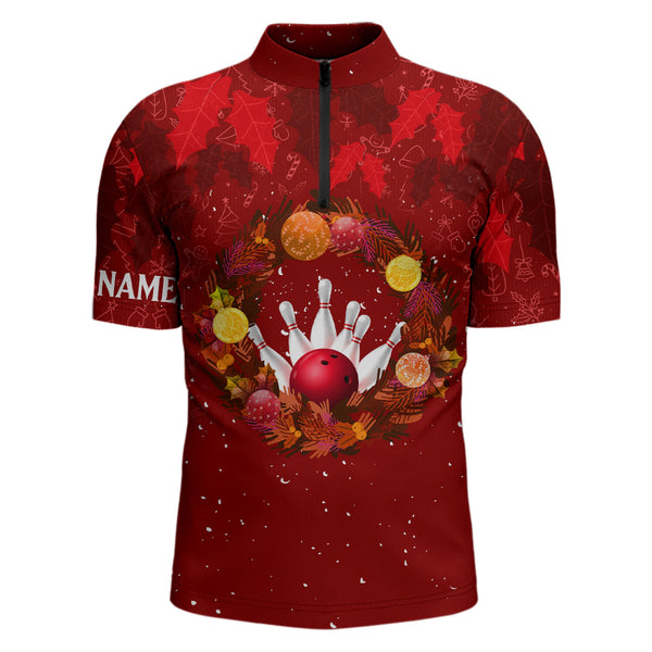 Maxcorners Red Christmas Wreath Mens Bowling Polo, Quarter-Zip Shirt Custom Christmas bowling tops for Team