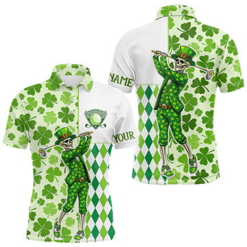 Maxcorners Green Shamrock argyle pattern St Patrick's day Skull Golf Polo Shirts For Men Custom golf outfit men