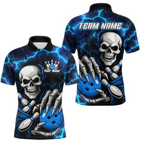 Maxcorners Custom Blue Lightning Thunder Skull Bowling Shirts For Men, Halloween Bowling Team Jerseys MT2009