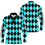 Maxcorners Mens golf polo shirts custom Cyan Blue and black argyle plaid pattern golf attire for men