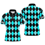 Maxcorners Mens golf polo shirts custom Cyan Blue and black argyle plaid pattern golf attire for men