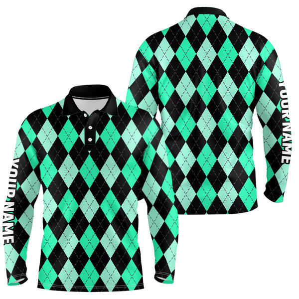 Maxcorners Mens golf polo shirts custom Cyan Green and black argyle plaid pattern golf attire for men