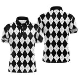 Maxcorners Mens golf polo shirts custom White and black argyle plaid pattern golf attire for men