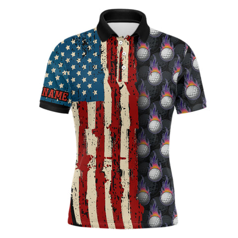 MaxCorners Golfs Flame And Vintage American Flag Customized Name 3D Polo Shirt For Men