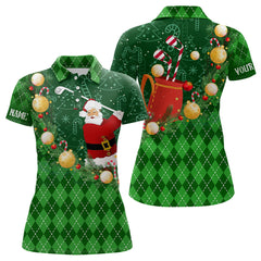 Maxcorners Christmas Santa Playing Golf Green Argyle Pattern Golf Polo Shirt Custom Xmas Mens Golf Outfits