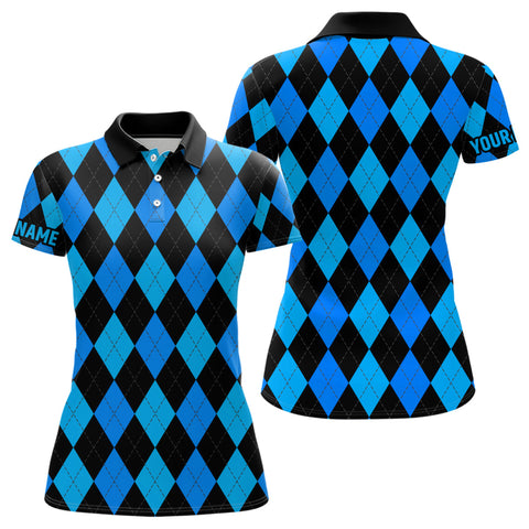 Max Corners Blue And Black Argyle Plaid Pattern Customized Name 3D Golf Polo Shirt For Women