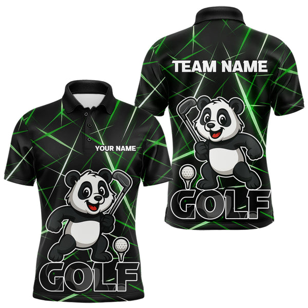 Maxcorners Black and Green Funny Panda Playing Golf Polo Shirt For Men Custom men's golf clothes funny golf gift LM2509