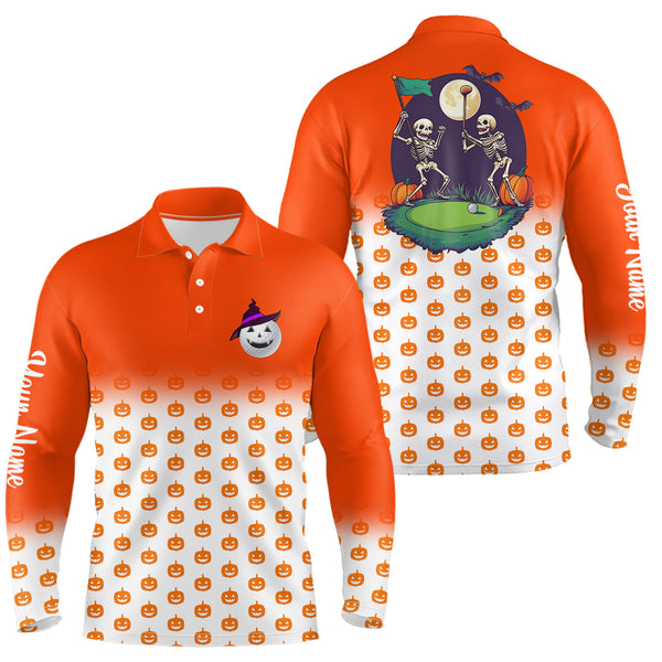 Maxcorners Funny Mens golf polo shirts custom orange Halloween pumpkin pattern skull golf apparel