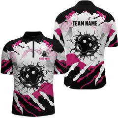 MaxCorners Bowling And Pins Pink And White Camo Customized Name, Team Name 3D Stand Collar Zipper Polo Shirt For Men