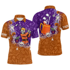 Maxcorners Halloween Skull Playing Golf Mens Golf Polo Shirt Custom Halloween golf outfit For Men Golf Gifts LM2707
