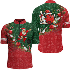 Maxcorners Christmas Santa Mens Bowling Polo, Quarter Zip Shirt Custom Christmas Team Bowling outfit For Men LM2707