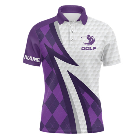 MaxCorners Golfs Purple Argyle Pattern White Golf Customized Name 3D Polo Shirt For Men