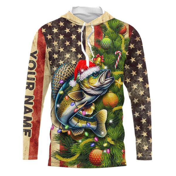 Maxcorners Personalized Christmas Walleye Fishing American Flag Patriotic Performance Long Sleeve Fishing Shirts