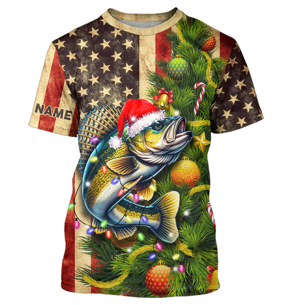 Maxcorners Personalized Christmas Walleye fishing American flag patriotic Performance long sleeve Fishing Shirts MT2108