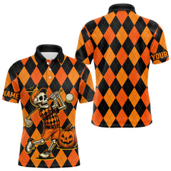 Maxcorners Funny Mens golf polo shirts custom orange and black argyle plaid Halloween Skull golf attire for men LM0803