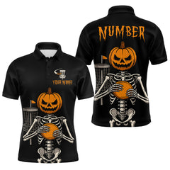 Maxcorners Black and Orange Halloween disc golf skull custom Men disc golf polo shirts, disc golf gifts LM0210