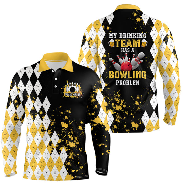 Maxcorners Personalized Yellow Beer Retro Bowling Polo Shirts Custom My Drinking Team Has A Bowling Problem For Men And Women