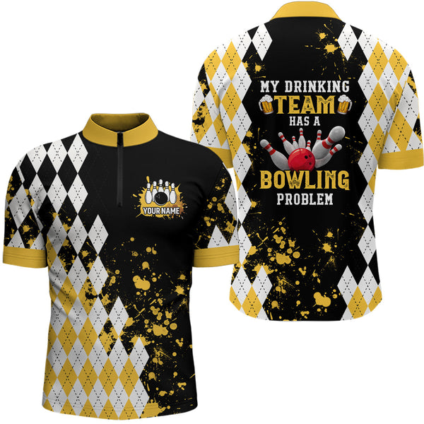 Maxcorners Personalized Yellow Beer Retro Bowling Polo Shirts Custom My Drinking Team Has A Bowling Problem For Men And Women