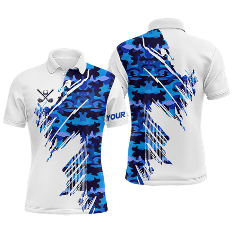 Maxcorners Personalized Mens golf polo shirts custom white and blue camo mens golf apparel, golfing gifts LM1506