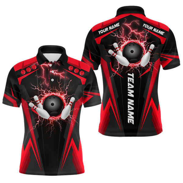 Maxcorners Black Mens bowling Polo, Quarter Zip shirt Custom lightning thunder team league bowling jerseys | Red LM0803