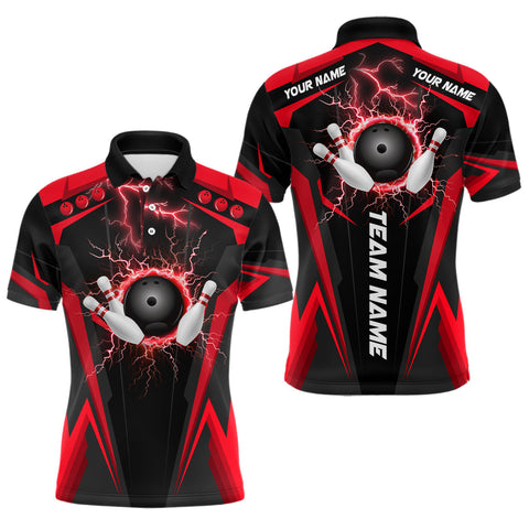 Maxcorners Black Mens bowling Polo, Quarter Zip shirt Custom lightning thunder team league bowling jerseys | Red LM0803
