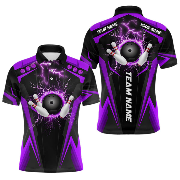 Maxcorners Black Men bowling Polo, 1/4 Zip shirt Custom lightning thunder team league bowling jersey | Purple LM0803