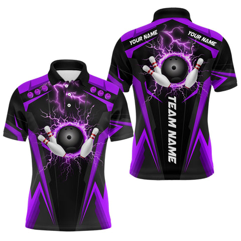 Maxcorners Black Men bowling Polo, 1/4 Zip shirt Custom lightning thunder team league bowling jersey | Purple LM0803