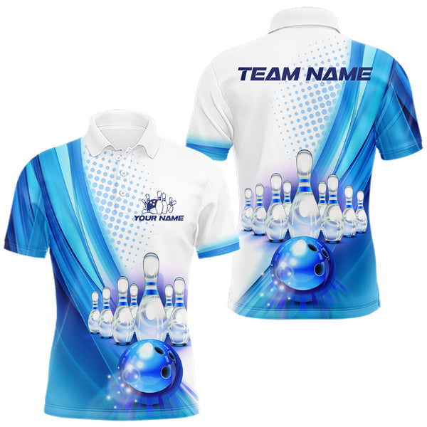 Maxcorners Custom Blue and White Bowling Mens Polo, Quarter Zip Shirts, Bowlers Outfit MT0609