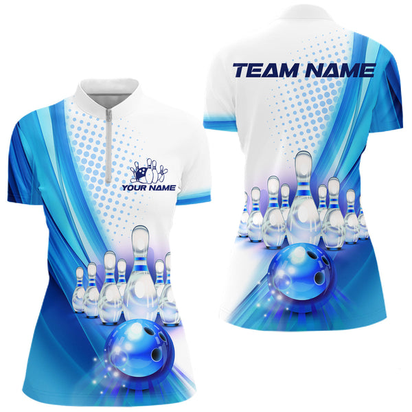 Maxcorners Custom Blue and White Bowling Mens Polo, Quarter Zip Shirts, Bowlers Outfit MT0609