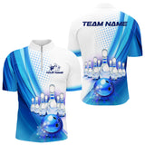 Maxcorners Custom Blue and White Bowling Mens Polo, Quarter Zip Shirts, Bowlers Outfit MT0609