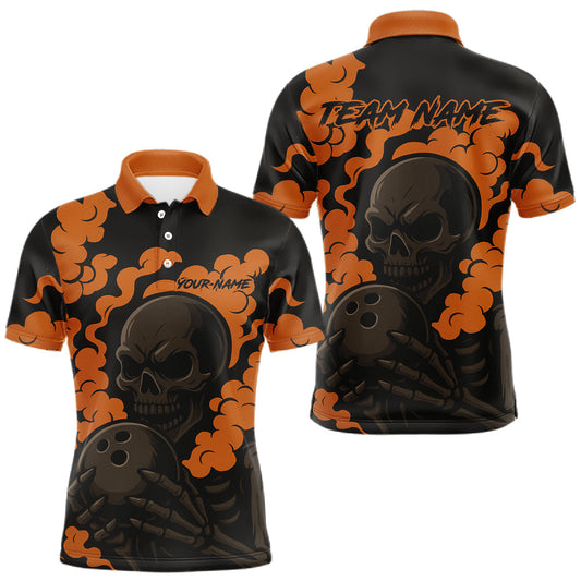 Maxcorners Custom Black and Orange Skull Team Bowling Polo, 1/4 Zip Shirts For Men, Halloween Bowling Outfits LM1903