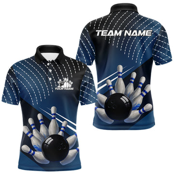 Maxcorners Black and Blue Bowling Polo, Quarter Zip shirts For Men Custom Bowling tournament Team Jerseys LM1903
