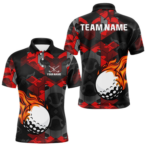 Maxcorners Black and Red Camo Flame Golf Ball Custom Men golf polo shirt, personalized golf top for men  LM2206