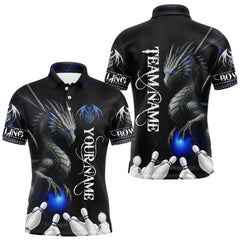 Maxcorners Black And Blue Dragon Bowling Polo, 1/4 Zip Shirt For Men Custom Dragon Bowling Team League Jersey LM1109