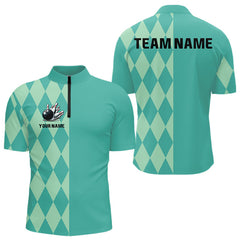Maxcorners Turquoise argyle pattern Bowling Polo, Quarter Zip Shirt For Men Custom Team Bowling Jerseys LM2206