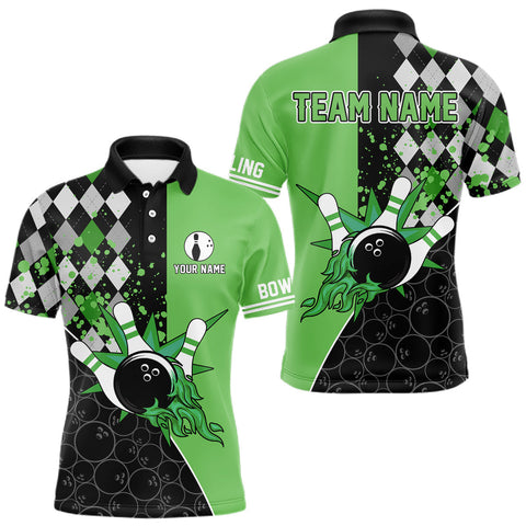 Maxcorners Custom Black and Green argyle pattern flame Bowling Team Jerseys, Bowling Polo, 1/4 Zip Shirt for Men MT1408