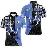 Maxcorners Custom Black and Blue argyle pattern flame Bowling Team Jerseys, Bowling Polo, 1/4 Zip Shirt for Men MT1408