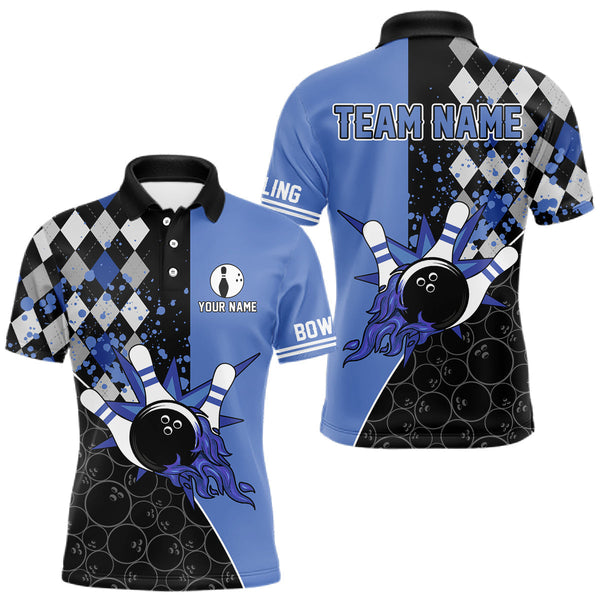 Maxcorners Custom Black and Blue argyle pattern flame Bowling Team Jerseys, Bowling Polo, 1/4 Zip Shirt for Men MT1408