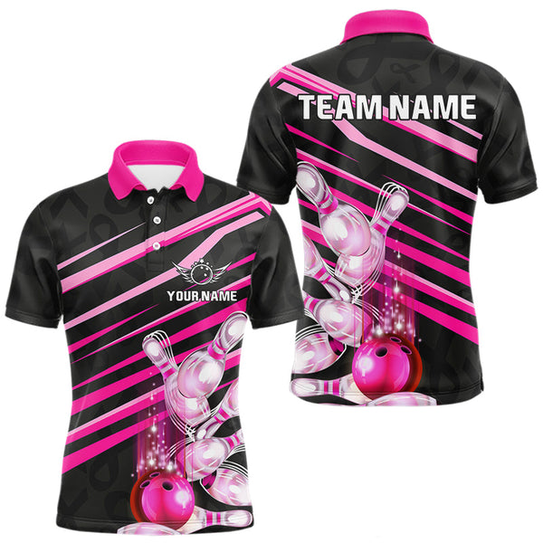 Maxcorners Pink and Black ribbon pattern Men Bowling Shirts Custom breast cancer awareness Team Bowling Jersey LM2206