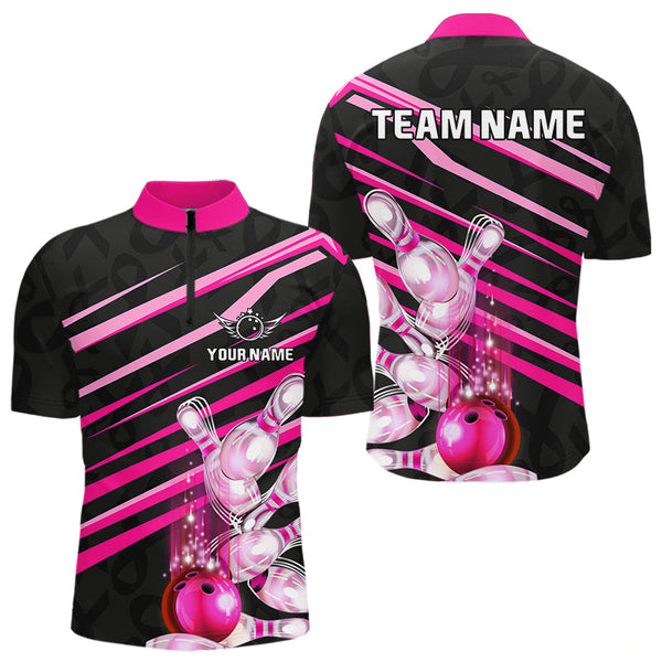 Maxcorners Pink and Black ribbon pattern Men Bowling Shirts Custom breast cancer awareness Team Bowling Jersey LM2206