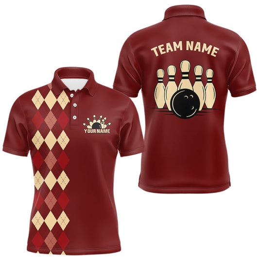 Maxcorners Red argyle pattern Bowling polo, 1/4 zip shirt for Men custom vintage bowling shirt, gift for bowlers LM1307