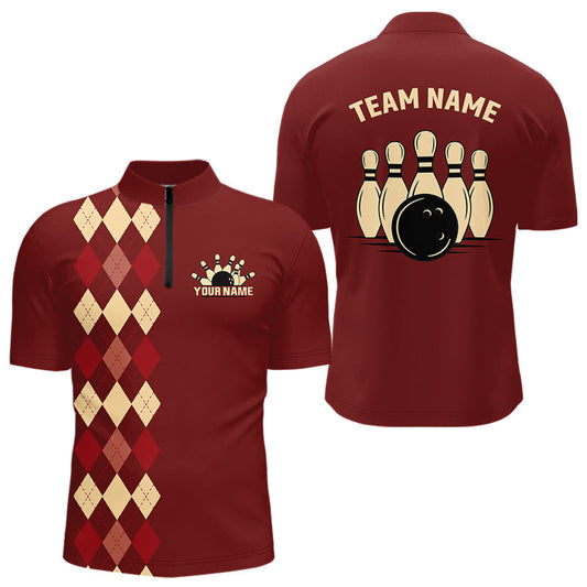 Maxcorners Red argyle pattern Bowling polo, 1/4 zip shirt for Men custom vintage bowling shirt, gift for bowlers LM1307